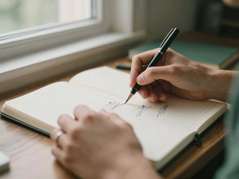 Close-up of a designer's hands sketching ideas in a notebook, structured workspace environment, soft natural window light, warm editorial photography, muted forest green and cream tones, shallow depth of field, 35mm.
