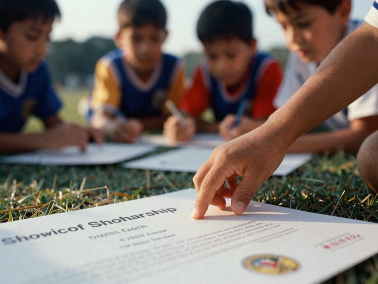 Close-up of a child's hand reaching for a sports scholarship certificate, with blurred background of other children playing, natural daylight, 35mm film grain.