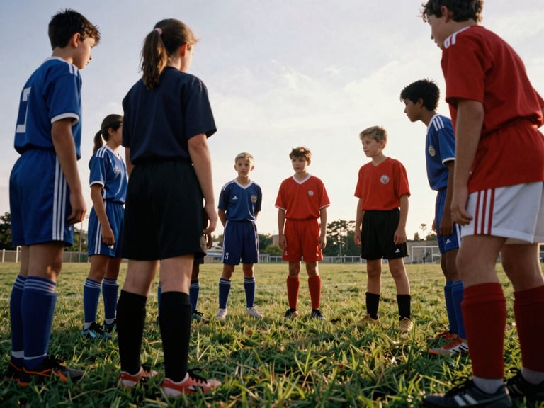 A youth sports coach huddling with a diverse team of kids on a grassy field, evening light, low-angle, authentic documentary style, 35mm film grain.