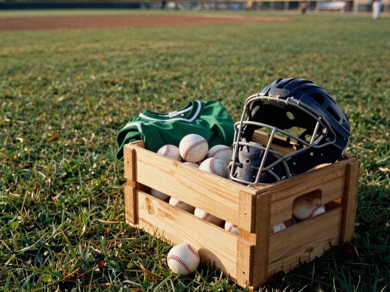 A wooden crate filled with brand new leather baseballs, clean catcher masks, and green practice jerseys sitting on a grass field sideline