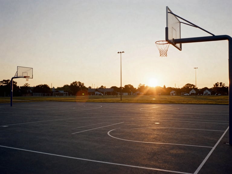 Wide environmental shot of a recently refurbished community basketball court at sunset, new nets, clean lines, low horizon, 35mm film grain.
