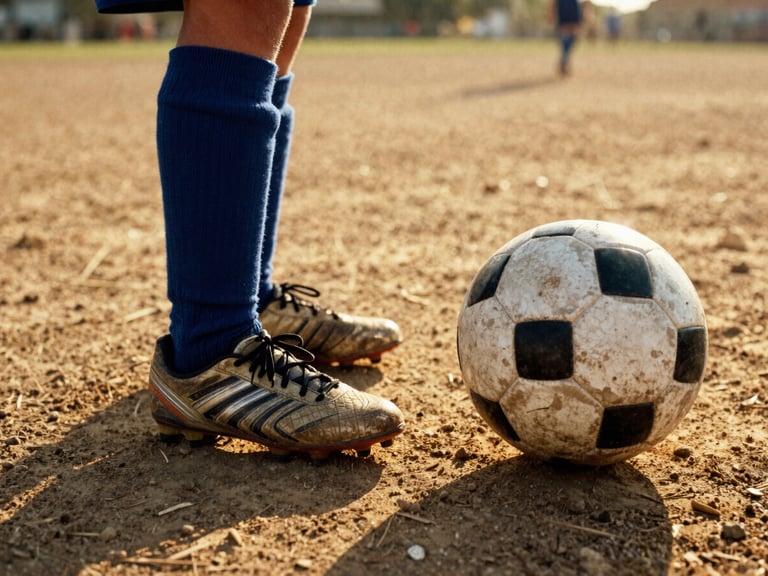 Close-up of a child's worn soccer cleats and a slightly deflated soccer ball on a dusty community field at golden hour, low-angle, 35mm film grain.