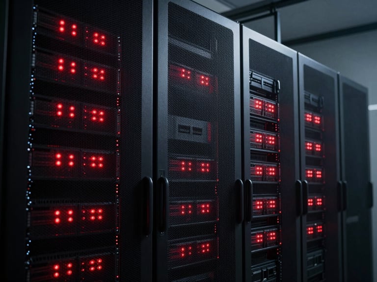 Low-key, high-contrast atmospheric shot of high-end server racks in a dark room, glowing with sharp red LED indicator lights, deep shadows, cleanroom aesthetic.