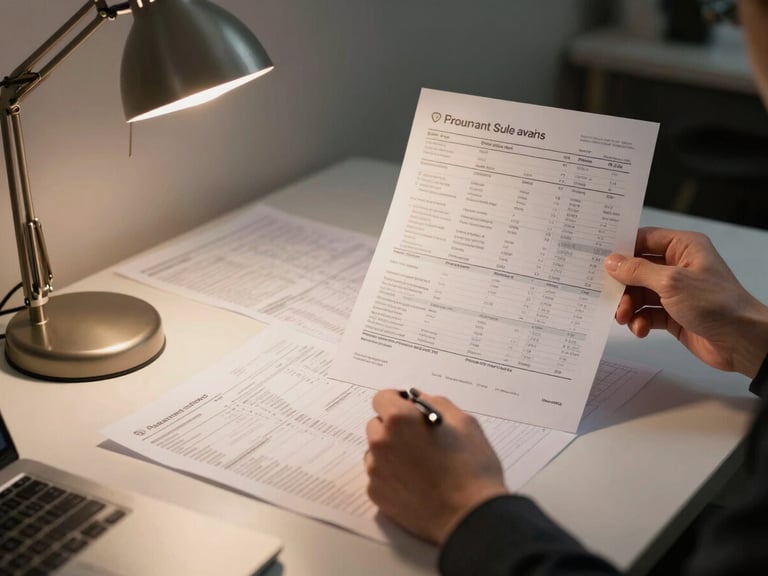 Medium-wide shot of a person at a desk reviewing flight itinerary documents under warm tungsten desk lamp, pen in hand mid-annotation, papers spread across desk, no aspirational styling