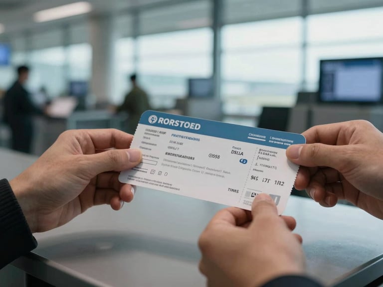 Close-up of hands holding a printed boarding pass over an airport check-in counter, natural cool daylight from a terminal window, ticket details in focus, counter surface visible below