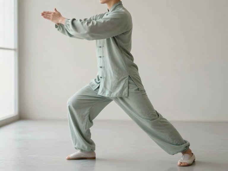 A figure in a subtle Qi Gong stance, focusing on spinal alignment, soft light from a window, clean minimal background, muted tones.