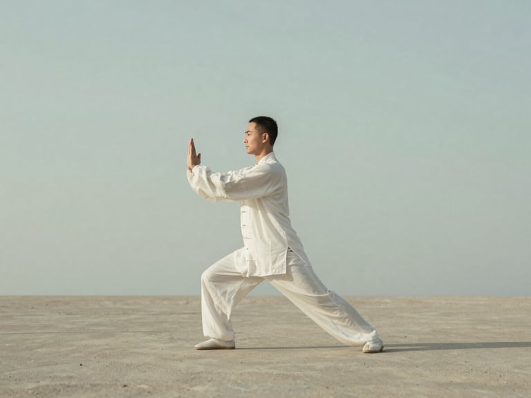 A solitary figure in a slow, deliberate Qi Gong posture, soft diffused natural daylight, minimalist composition with ample negative space, muted sage background, 35mm