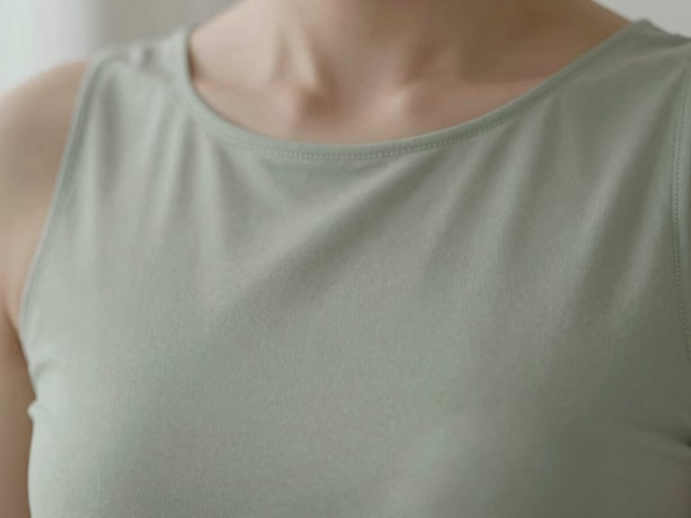 Close-up of a person's torso, subtle movement of the diaphragm during breath, soft fabric, gentle shadows, shallow depth of field.