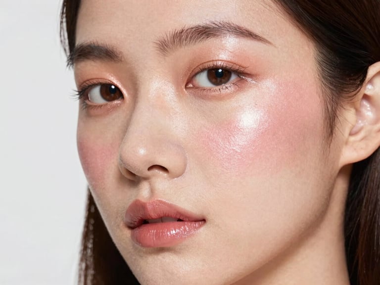 High-contrast strobe portrait of a model with metallic rose-gold highlighter on cheekbones, bright studio lighting, sharp focus