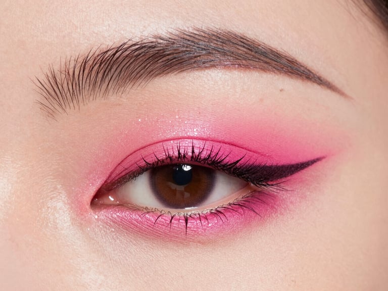Extreme macro shot of a graphic eyeliner look on a model, vibrant hot-pink eyeshadow, sharp studio strobe lighting