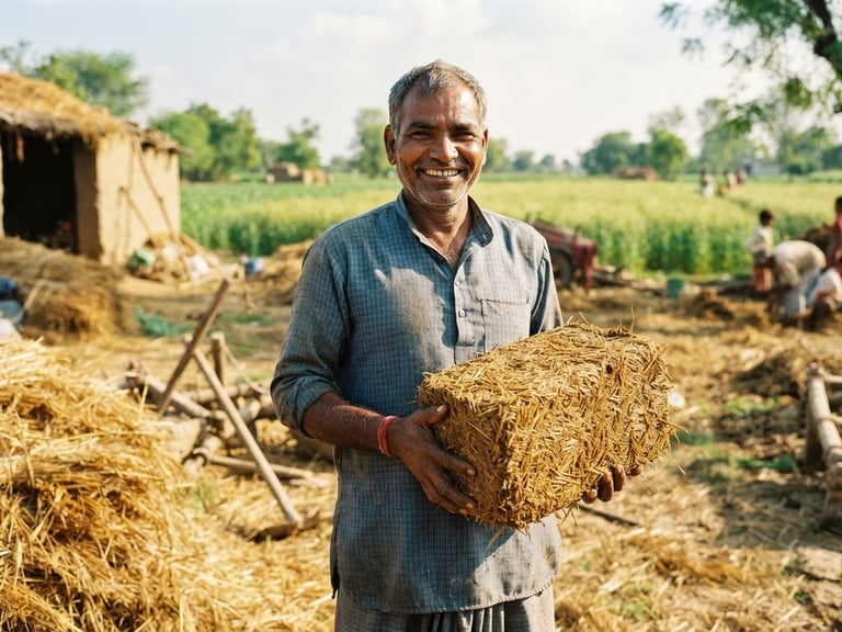 A local Bihar farmer holding a freshly processed block of golden-brown urea-treated straw, smiling, warm natural sunlight, 35mm photography