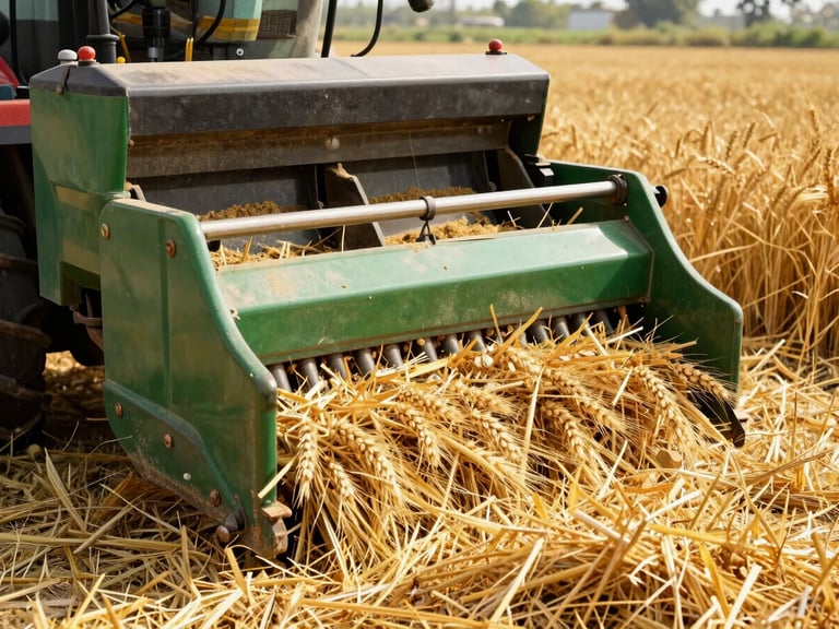 Automated feed processing machinery chopping and treating golden wheat straw, warm natural sunlight, industrial agricultural setting