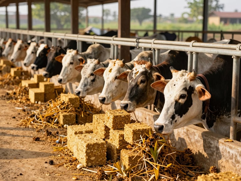 Healthy cow feeding on a compact, nutritious TMR block in a clean rural dairy environment, warm direct sunlight