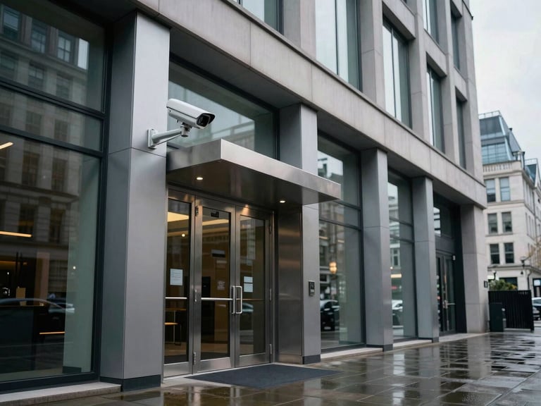 Exterior of a modern London commercial building at overcast midday, a security camera housing mounted above a steel entrance door, wet pavement reflecting the grey sky, precise architectural framing, cool daylight
