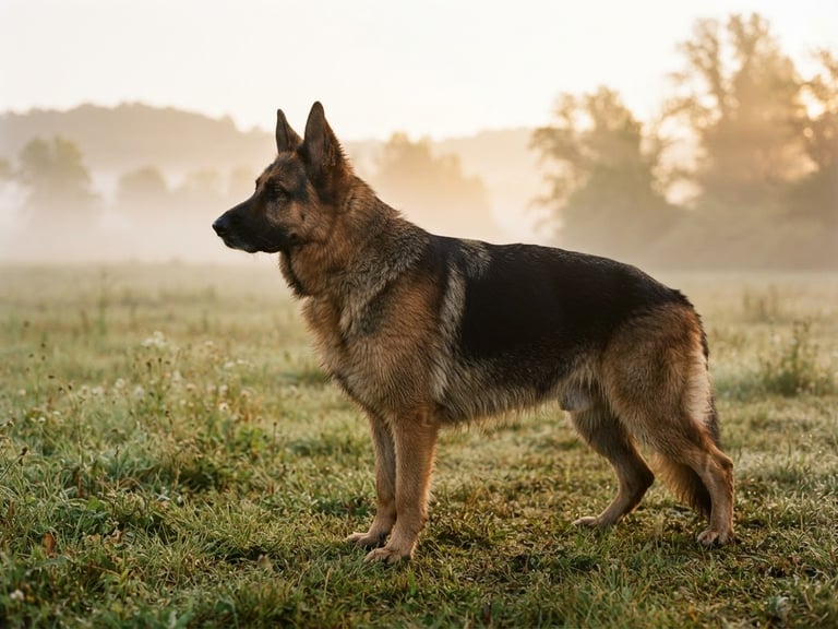 Low-angle shot of a noble German Shepherd standing proudly in a misty field at golden hour, sharp profile, rich black and tan coat texture, 35mm photography