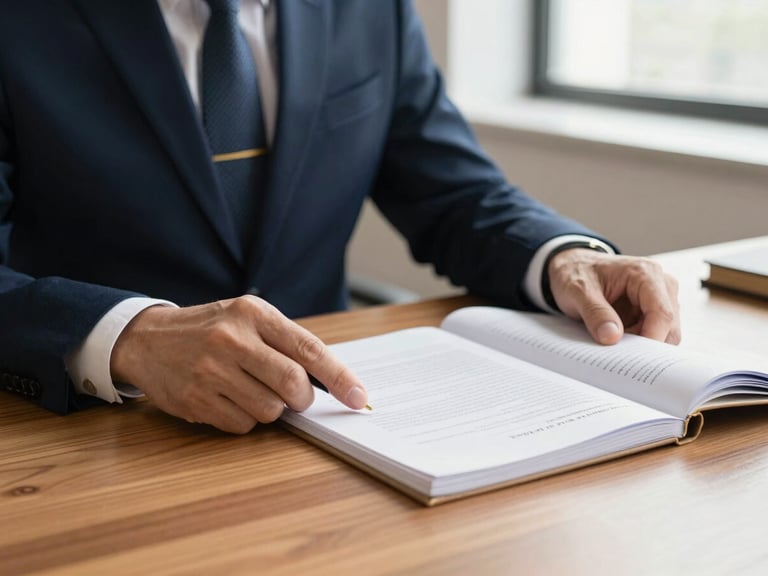 Hands of an experienced lawyer reviewing physical legal files on a warm wooden desk, soft natural light, deep navy tones, professional atmosphere