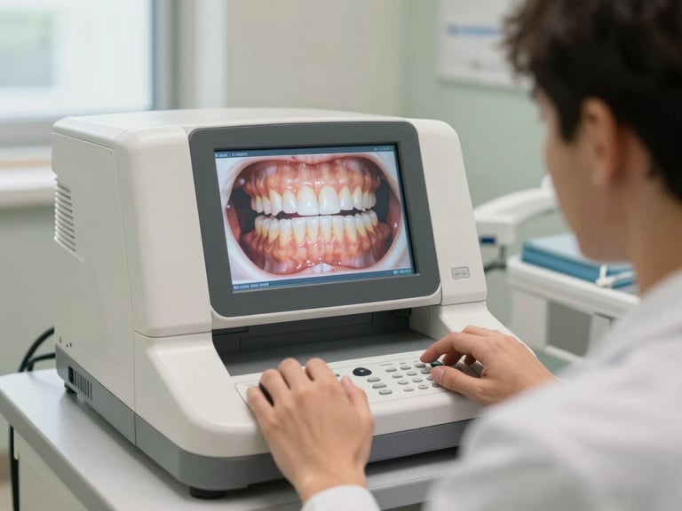Um escâner intraoral digital moderno sendo manuseado por um dentista (mãos visíveis) em um close suave, com foco no equipamento e na tela de um computador mostrando uma imagem 3D de dentes. Fundo desfocado de ambiente clínico. Luz natural, tons neutros.