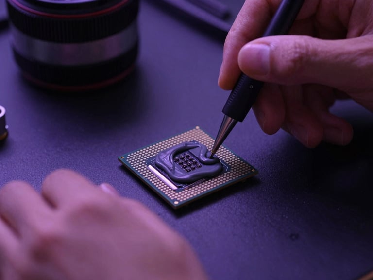 Close-up of hands applying thermal paste to a CPU on a dark workbench, subtle violet ambient light, macro depth of field, 35mm lens