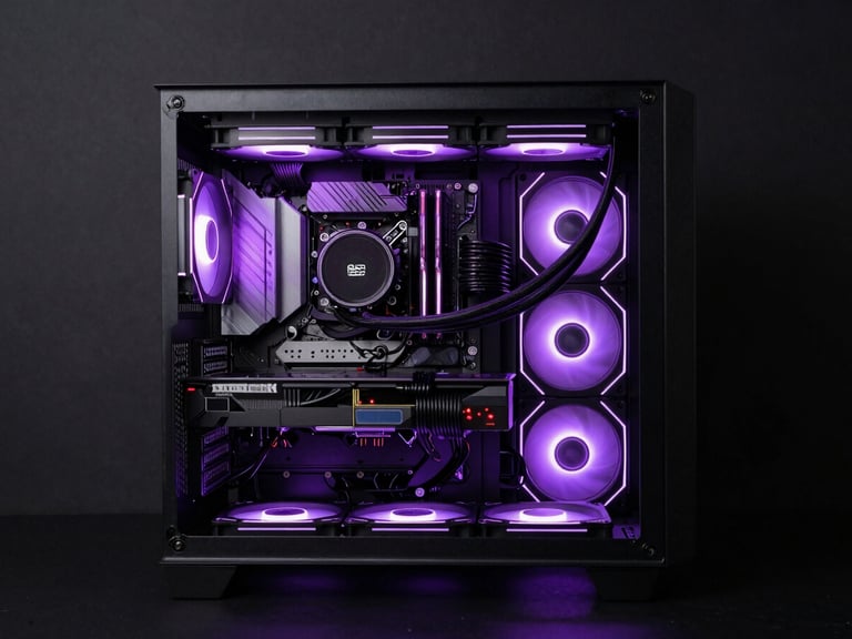 Overhead flat lay of a custom PC build with subtle internal violet lighting, components neatly arranged, dark background, sharp tech photography, macro depth of field, 35mm lens