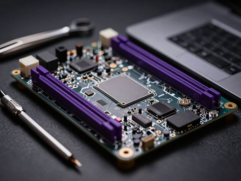 Macro shot of a clean laptop motherboard with professional tools neatly arranged around it, dark moody studio lighting, electric violet accents, 35mm lens