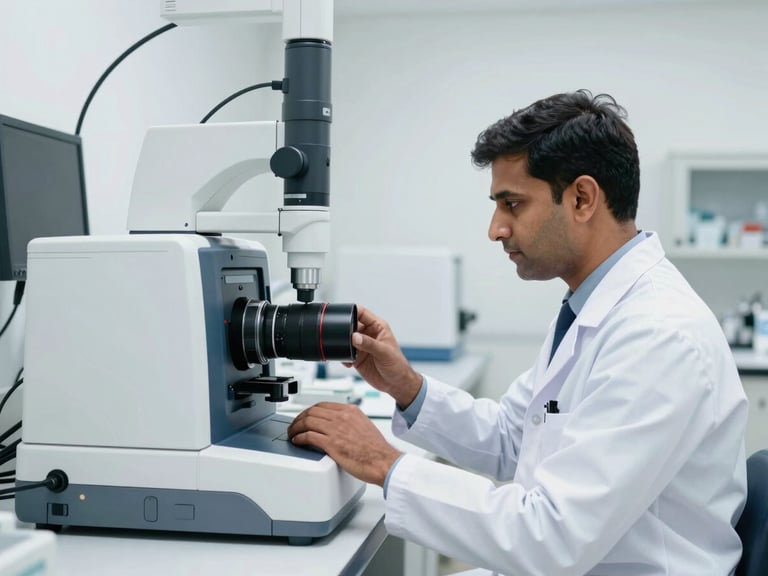 A focused Indian clinical technician calibrating advanced laboratory equipment in a bright, orderly hospital setting, cool professional tones, sharp focus.