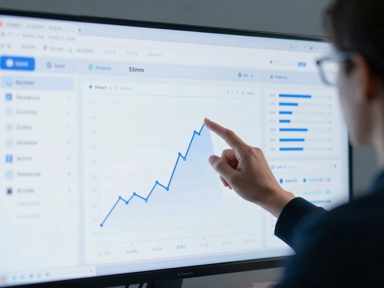 Medium close-up of a financial advisor analyzing a clean digital dashboard with cool blue studio lighting, sharp focus, 35mm