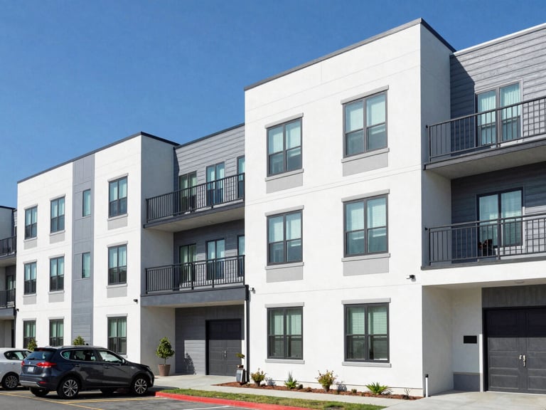 A clean, modern multi-family apartment complex in Western North Carolina under bright daylight, crisp architectural lines, professional soft-wash rig parked nearby.