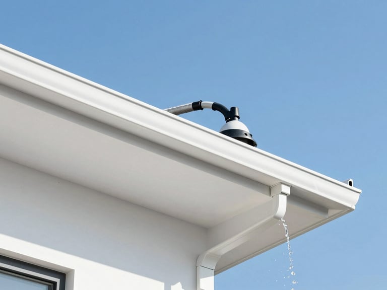 A clean modern house roofline with pristine white gutters, showing clean flowing water and safe professional cleaning equipment, bright daylight, sharp focus