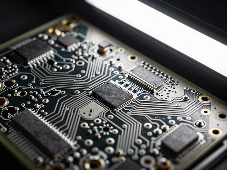 Ultra-close macro shot of intricate circuit board patterns in a clean room, harsh white light, sharp technical focus.