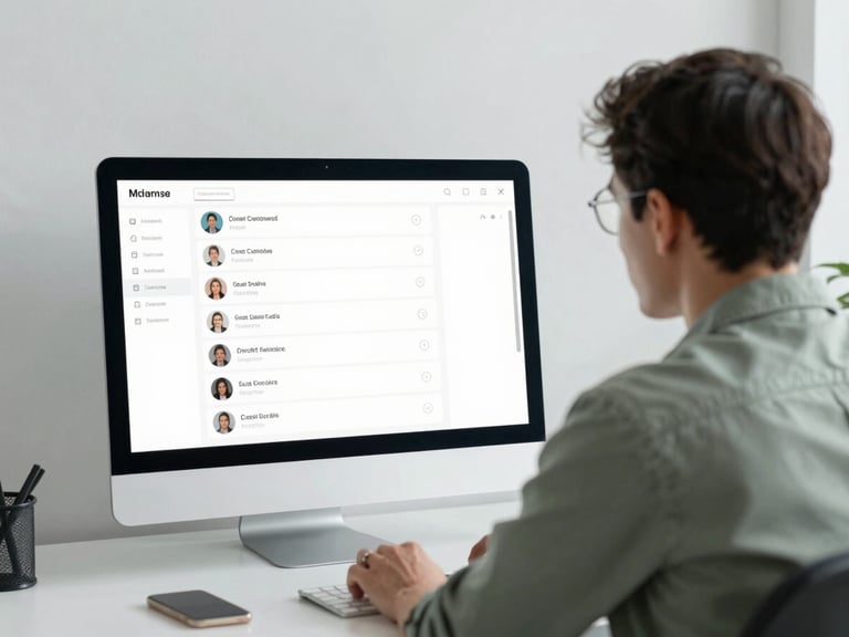 Over-the-shoulder shot of a relaxed operations manager looking at a clean, minimalist software interface displaying automated customer support chats. Clean editorial photography, soft natural daylight, minimalist workspace, muted slate and sage tones, 35mm lens.