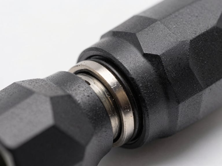 Macro studio shot of a sealed joint on the M1 flashlight, showing the precise fit and gasket, neutral diffused lighting, sharp focus on the seal, 50mm.