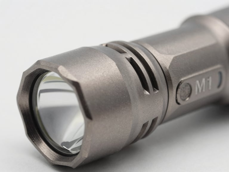 Close-up studio shot of the M1 flashlight's titanium body, highlighting the integrated heat sink fins, neutral diffused lighting, sharp focus on material execution, 50mm.