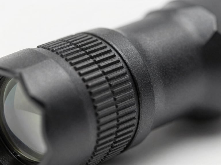 Extreme macro studio shot of the M1 flashlight's knurled texture, showing the precise machining and matte finish, neutral diffused lighting, sharp focus on tactile surface, 50mm.