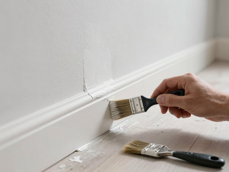 Painter's hand applying a clean edge of white paint along a baseboard, natural daylight from the right, sharp detail on the bristles meeting the wall, completed section visible behind, tools on clean floor surface