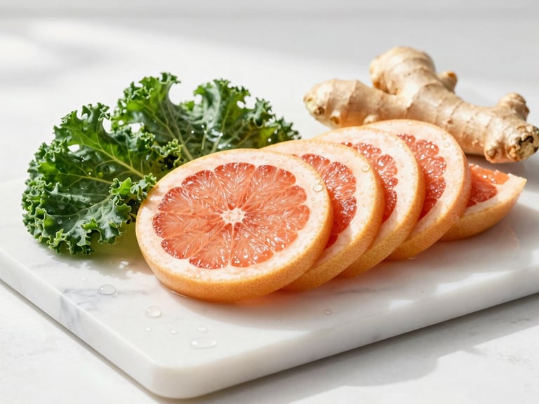 A clean marble cutting board with freshly sliced grapefruit, bright green kale leaves, and ginger root, sparkling droplets of water, crisp morning sun casting soft shadows