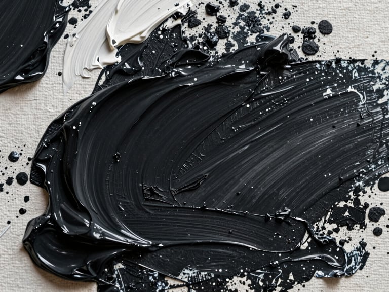 Extreme macro photograph of thick, textured black and white oil paint on canvas, showing deep ridges, brush bristles marks, and natural gallery lighting casting subtle shadows.