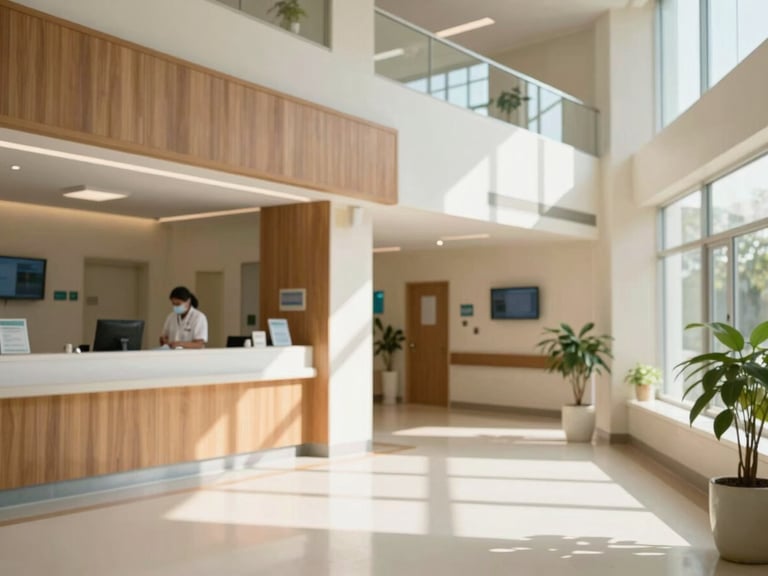 Bright editorial healthcare photography of a modern, sunlit Indian hospital lobby with warm wood accents and clean architectural lines, soft natural daylight.