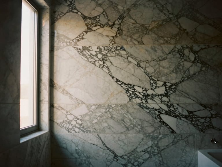 Luxury bathroom wall featuring perfectly book-matched Calacatta marble panels, soft natural window light, architectural perspective