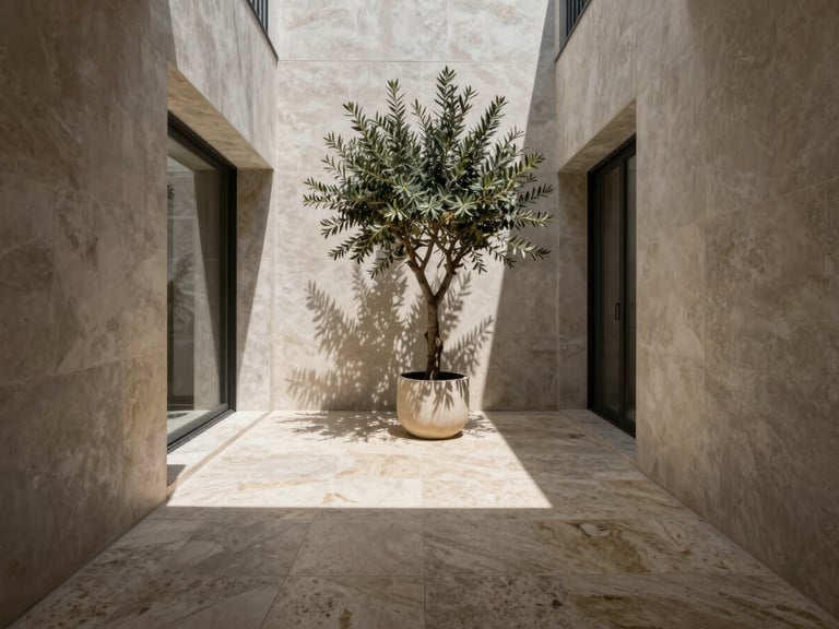 A luxurious courtyard of a modern house, travertine stone floors, a single olive tree in a minimalist planter, dramatic shadows on the textured walls.