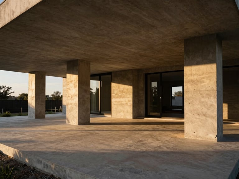 Wide angle architectural shot of a luxury house under construction, raw concrete pillars, dramatic golden hour light, strong shadows.