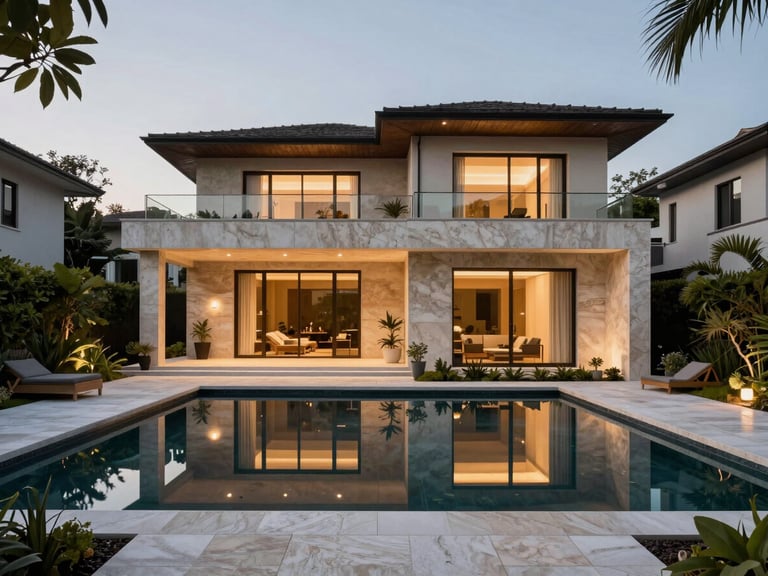 Completed luxury modern residential villa with integrated lush landscaping, reflecting pool, warm evening lighting, architectural symmetry.