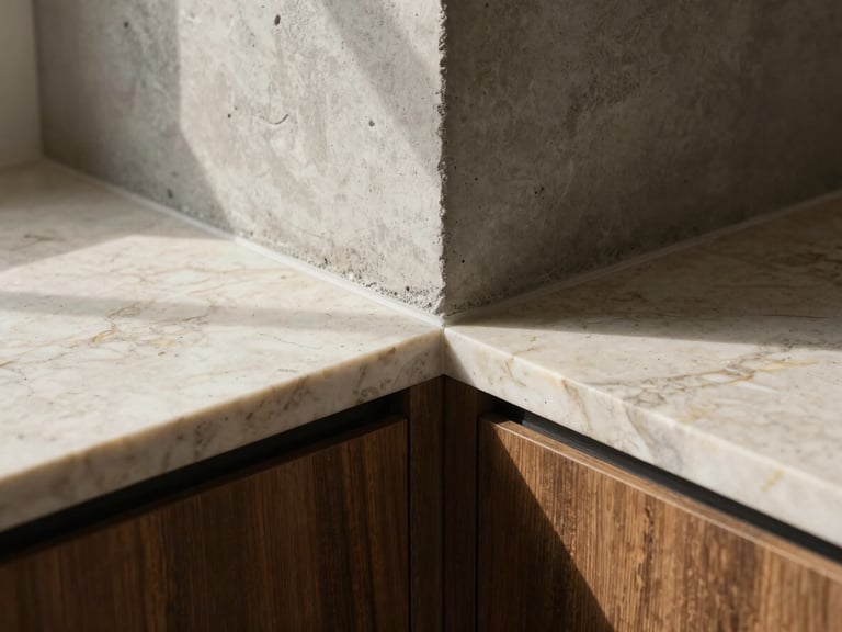 Close-up of architectural material junction, raw concrete meeting polished travertine stone and dark oak wood, sharp natural side light.