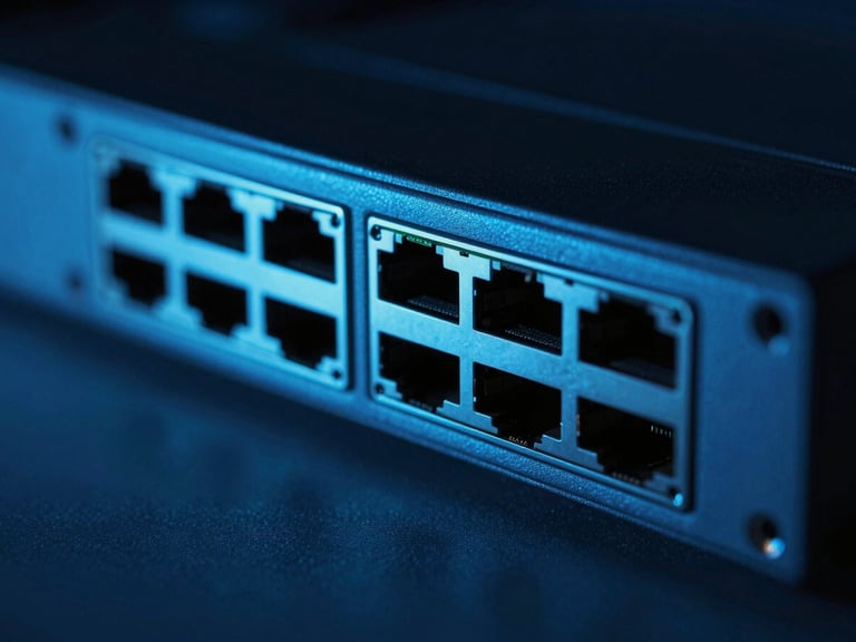 Macro shot of network hardware ports with cool-toned studio lighting, deep shadows and sharp electric blue highlights, 35mm