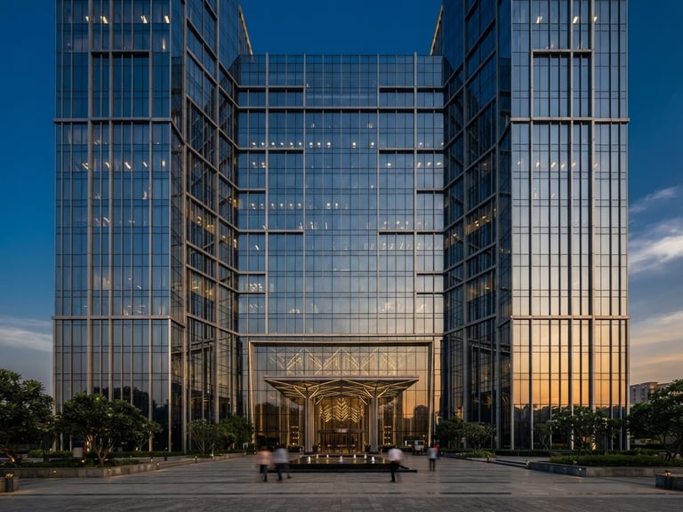 Symmetrical wide-angle architectural photograph of a modern glass skyscraper facade in Delhi NCR at golden hour, sharp lines, deep blue sky reflection.