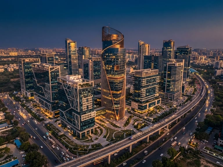 Aerial drone perspective of a modern commercial high-rise hub in Delhi NCR, clean leading lines, sharp architectural photography, golden hour light