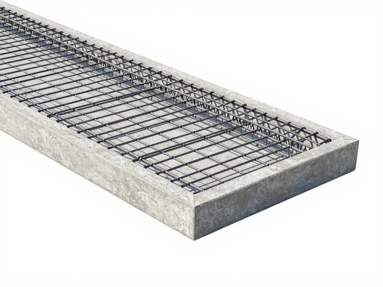 Technical architectural drawing of a lightweight concrete floor panel showing steel reinforcement mesh inside, clean lines, white background, tosca accents.
