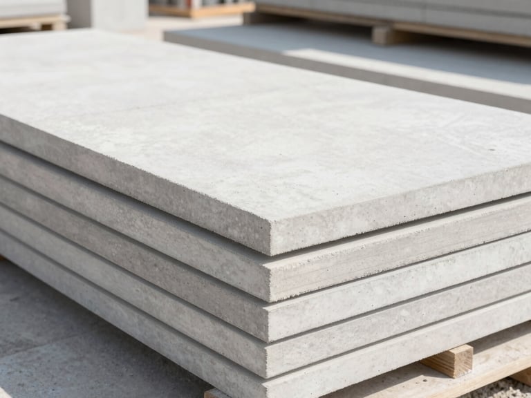 Clean architectural photo of lightweight concrete wall panels stacked neatly on a bright modern construction site, crisp daylight, tosca accent lines.