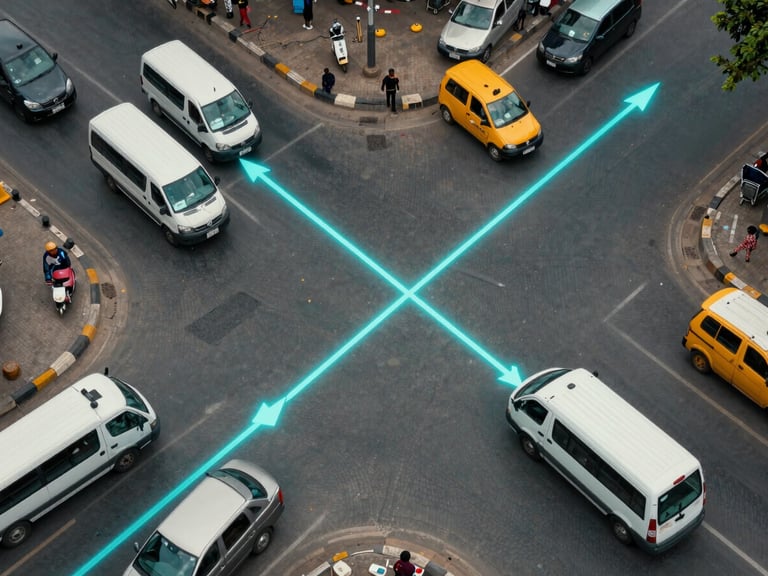 Bird's-eye view of a busy urban intersection in an African city, minibuses and shared taxis moving along overlapping route paths, cyan glowing directional arrows overlaid on the street grid as a route-map diagram, natural daylight, purposeful and legible