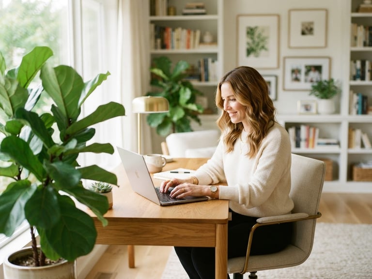 Bright editorial photography, a modern home office with natural daylight, a professional woman working on a laptop near a botanical plant, soft gold tones, shallow depth of field, 35mm