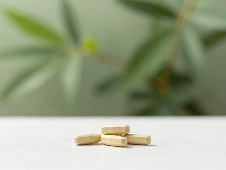 Minimalist composition of premium wellness supplements, natural morning light, soft botanical green background, 35mm photography